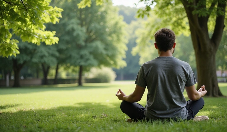 Hombre meditando en un entorno tranquilo y verde