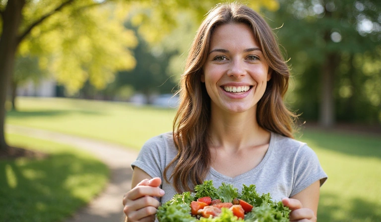 Mujer sonriendo mientras come ensalada fresca
