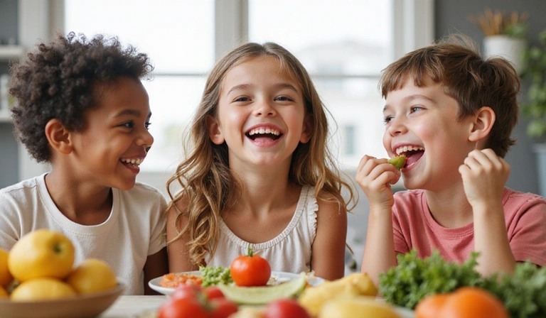 Niños riendo mientras comen frutas y verduras