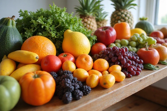 Mesa con una variedad de frutas coloridas y verduras frescas