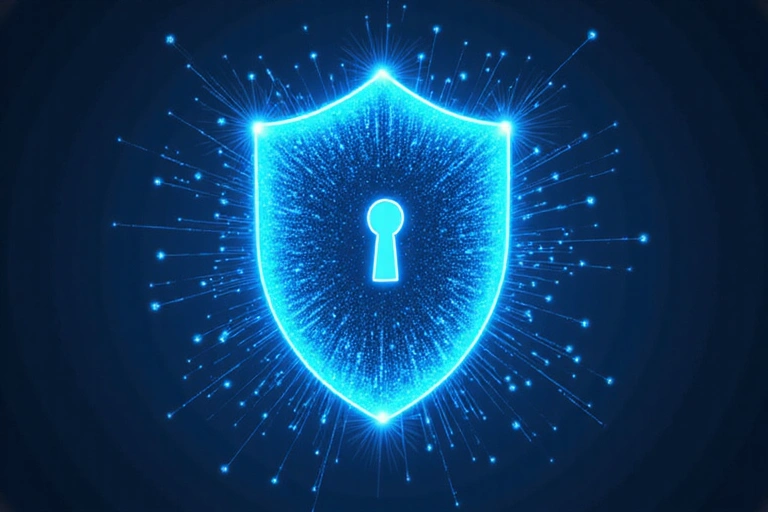 Ilustración de un escudo de protección digital, simbolizando la limitación de responsabilidad y seguridad online.