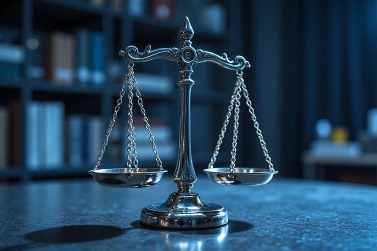 Ilustración de una balanza de justicia digital, representando la ley aplicable y la jurisdicción.